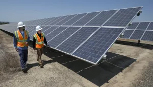 Solar Tech Joshua Valdez, left, and Senior Plant ManagerTim Wisdom walk past solar panels and at a Pacific Gas and Electric Solar Plant, August 17, 2017, in Vacaville, California. (AP Photo/Rich Pedroncelli)
