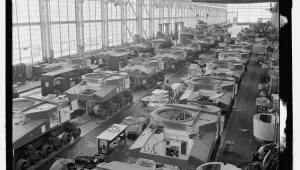 Tanks move along an assembly line that produced cars and trucks before the war at Chrysler in Detroit 