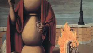 Les Droits de l’Homme, 1947 - a surrealist painting showing an anthropomorphic chess piece standing on a bridge next to a flaming tuba.