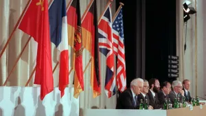 Soviet foreign minister Eduard Shevardnadze, French foreign minister Roland Dumas, GDR foreign minister Markus Meckel, Federal Germany foreign minister Hans-Dietrich Genscher, UK foreign minister Douglas Hurd, and U.S. foreign minister James Baker pictured on the podium at the first 'Two Plus Four' conference in Bonn, Germany, 05 May 1990. It was the first meeting on the way to the Two Plus Four Agreement between the two Germanies and the Four Powers that agreed on the Reunification of Germany. 