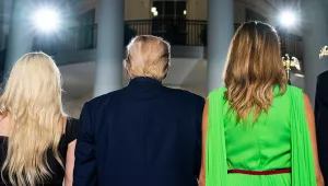 Donal Trump Jr., Tiffany Trump, President Donald Trump, first lady Melania Trump and Barron Trump stand on the South Lawn of the White House on the fourth day of the Republican National Convention, Thursday, August 27, 2020.
