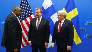 U.S. Secretary for Defense Lloyd J. Austin III, left, greets Finland's Defense Minister Antti Kaikkonen, center, and Sweden's Defense Minister Peter Hultqvist