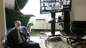 Vermont senators working remotely are displayed on a monitor