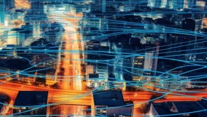 A blue background with an isometric illustration of an orange colored lit freeway  during evening hours.