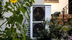 A heat pump flanked by sunflowers against the side of a house.