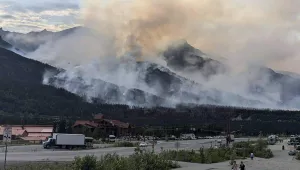 Wildfire smoke hangs over a tourist area outside Denali National Park.