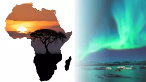 Composite image of the African continent and the northern lights.
