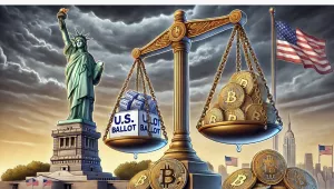 An AI-generated image of the balance between democracy and cryptocurrency, featuring the Statue of Liberty, a scale weighing U.S. ballots against Bitcoin coins, set against a backdrop of American flags and urban skyline.