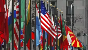 An American flag amongst flags of many nations.