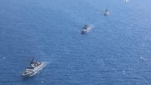 Russian warships sail during the Ocean-2024 strategic command and staff exercises