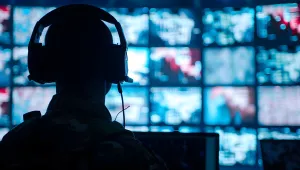 Silhouette of a military man in headphones at a laptop against the background of a video wall of glowing screens 