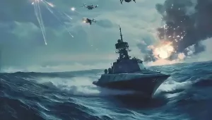 An AI generated image of a drone ship sailing on stormy seas with flying drones and explosions in the sky.