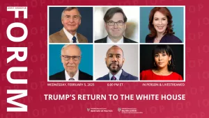 Graphic with photos of panelist speakers along with the title, "Trump's Return to the White House"