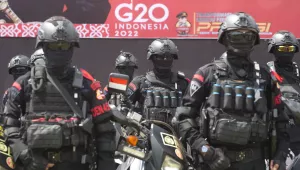 Police force line up during a security parade in preparation for the upcoming the G20 meeting in Bali, Indonesia on Nov. 7, 2022. 