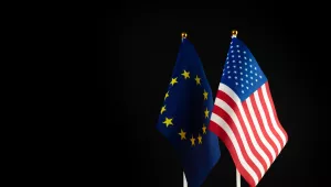 USA and EU flags. Sanctions pressure, politics, crisis and cold war concept. Black background. Europe Union vs United States of America