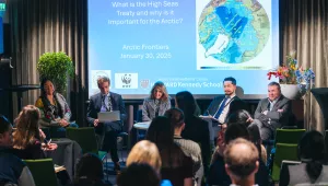 Vicki Lee Wallgren, James Jansen, Margaret Williams, Kai Simon Eikli Yuen, and Vito de Lucia discuss the importance of the High Seas Treaty to the Arctic at Arctic Frontiers 2025 in Norway