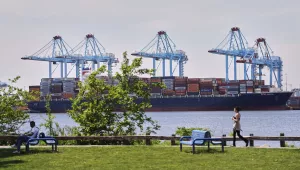 A container ship is moored at the port of the port of New York and New Jersey in Elizabeth, New Jersey, Monday May 12, 2025.