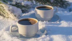 Two coffee cups in the snow.