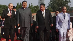 From left, Russian President Vladimir Putin, Chinese President Xi Jinping, North Korean leader Kim Jong Un and Pakistani Prime Minister Shehbaz Sharif arrive at a military parade to commemorate the 80th anniversary of Japan's World War II surrender held in front of Tiananmen Gate in Beijing, China, Wednesday, Sept. 3, 2025. (Alexander Kazakov, Sputnik, Kremlin Pool Photo via AP)
