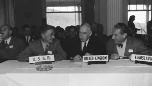 Delegates M.S. Stepanov of Russia, Lord John Maynard Keynes and Vladimir Rybar of Yugoslavia confer during the Monetary Conference at Bretton Woods, N.H. in July 1944