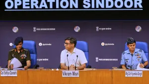 India's Foreign Secretary Vikram Misri, center, with Indian army officer Colonel Sofiya Qureshi, left, and Indian Air Force officer Wing Commander Vyomika Singh, right, address a press conference