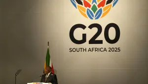 South Africa's President Cyril Ramaphosa addresses delegates at G20 Finance Ministers and Central Bank Governors meeting in Cape Town, South Africa, Wednesday, Feb. 26, 2025. (AP Photo/Nardus Engelbrecht)