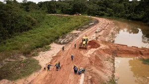 Workers construct an avenue, named Liberdade, or Freedom, ahead of the COP30 U.N. Climate Summit in Belem, Brazil, March 18, 2025. (AP Photo/Jorge Saenz)