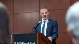 Ambassador Jesper Møller Sørensen speaks at a podium during a talk at Harvard Kennedy School on April 2, 2025. 