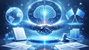 A monochromatic image depicting two hands shaking and various icons of diplomacy and computing