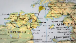 Colorful tourist location map with yellow stick pin at Belfast, Northern Ireland and the surrounding area
