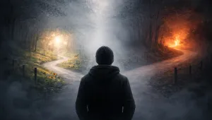 figure before a fork in the road