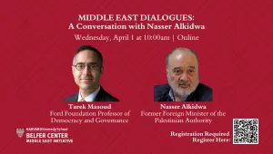 Poster for Middle East Dialogue with Nasser Alkidwa on April 1, 2026