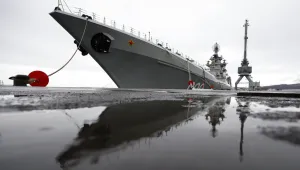 The Northern Fleet's flagship, the Pyotr Veilikiy (Peter the Great) missile cruiser, is seen at its Arctic base of Severomorsk, Russia, Thursday, May 13, 2021.