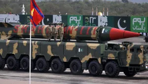 In this Wednesday, March 23, 2016, file photo, a Pakistani-made Shaheen-III missile is on display during a military parade in Islamabad.