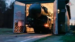 On Monday, July 22, 2024, a Yars intercontinental ballistic missile launcher rolls from an hangar during a military exercise near Yoshkar-Ola, Russia. 