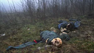 3.	 In this Feb. 4, 1996, file photo one of four clothed skeletons being examined by U.N. investigator Elizabeth Rehn as she tries identify an estimated 8,000 Muslim men missing after the Serb conquest of the former Muslim enclave of Srebrenica in July 1995, lies on a hilltop. 