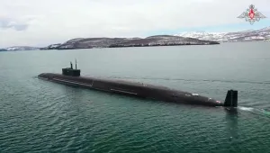 In this image made from video provided by Russian Defense Ministry Press Service on Thursday, May 21, 2026, a Borel-class nuclear submarine is seen during drills of Russia's nuclear forces. 