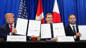 President Donald Trump signs a security agreement with Denmark's Prime Minister Mette Frederiksen and Greenland's Prime Minister Jens-Frederik Nielsen during the United Nations General Assembly, Tuesday, Sept. 22, 2026, at the UN headquarters. 
