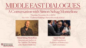 event promotional image featuring Simon Sebag Montefiore and Tarek Masoud