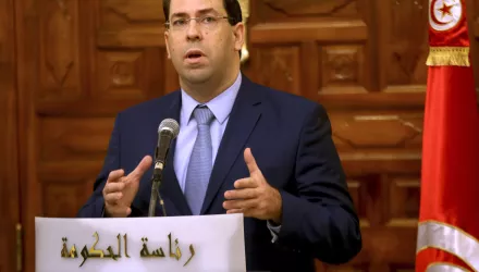 PM Youssef Chahed speaks during a joint press conference with European Commission president Jean-Claude Juncker after their talks in Tunis in October 2018.
