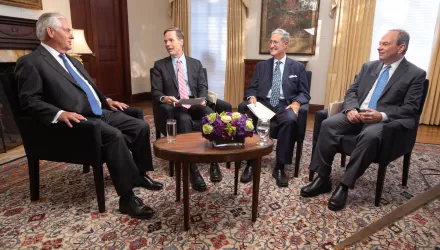 Former Secretary of State Rex Tillerson (left) with Professors Nicholas Burns, Robert Mnookin, and James Sebenius.