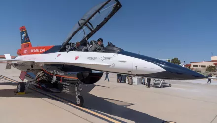 Air Force Secretary Frank Kendall sits in the front cockpit of an X-62A VISTA aircraft