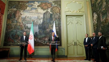 Russian Foreign Minister Sergey Lavrov, center right, and Iranian Foreign Minister Hossein Amirabollahian, left, attend a joint news conference 