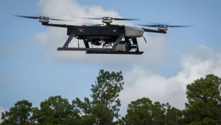 An unmanned aerial system hovers in the sky above the Eglin Air Force Base, Fla., Oct. 26, 2023.
