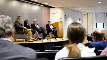 Steven Hamburg, Susan Natali, John Holdren, and Henry Lee discuss the impacts of thawing permafrost and possible policy solutions during a panel session at Harvard Climate Action Week on June 10, 2024.