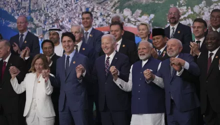 World leaders attending the G20 Summit pose for a group photo in Rio de Janeiro, Tuesday, Nov. 19, 2024. 