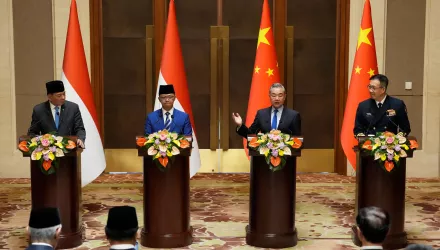 Indonesian Defense Minister Sjafrie Sjamsoeddin, left, Foreign Minister Sugiono, center left, Chinese Foreign Minister Wang Yi, center right, and Defense Minister Dong Jun attend a press briefing after the first meeting of China-Indonesia joint foreign and defense ministerial dialogue at the Diaoyutai State Guest House Monday, April 21, 2025 in Beijing, China. 