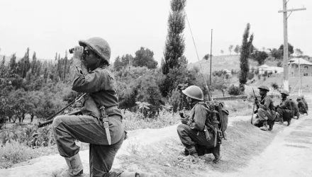 Indian troops are on the move in Kashmir against guerrilla forces during the second war over Kashmir on Sept. 6, 1965.