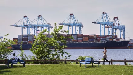 A container ship is moored at the port of the port of New York and New Jersey in Elizabeth, New Jersey, Monday May 12, 2025.
