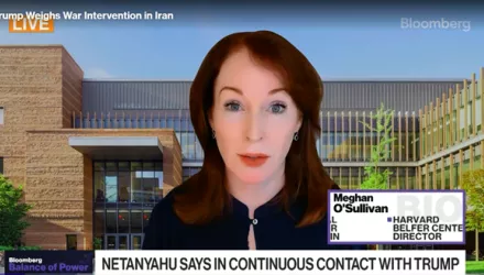 Meghan L. O'Sullivan is interviewed on Bloomberg TV, 18 June 2025, as Israel strikes Iran. 
